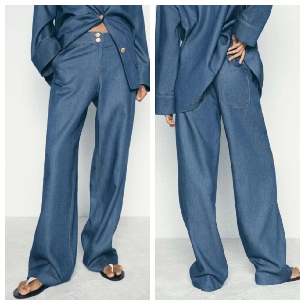 NWT! ZARA DENIM EFFECT OVERSIZED BLAZER and WIDE LEG PANTS INDIGO